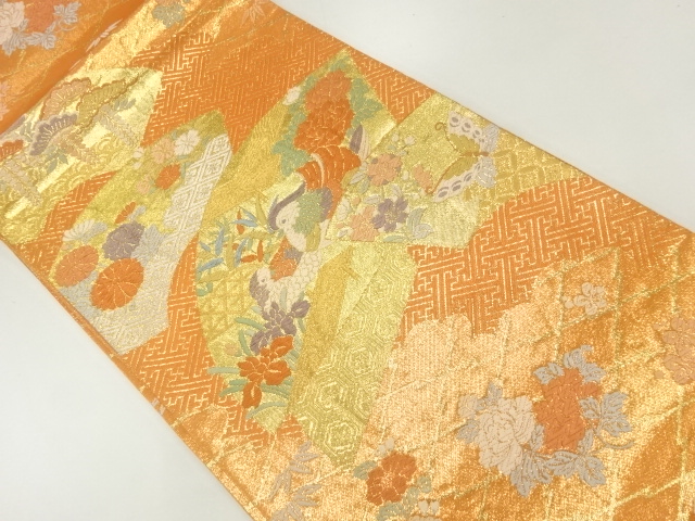 佐賀錦　地紙に鴛鴦・蝶・草花模様織出し袋帯